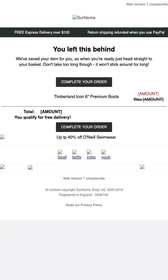 Surfdome abandoned cart email, full length