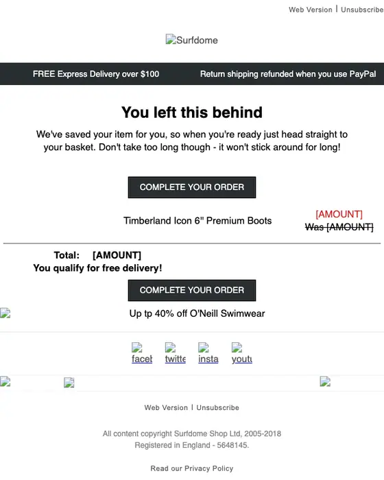 Surfdome abandoned cart email