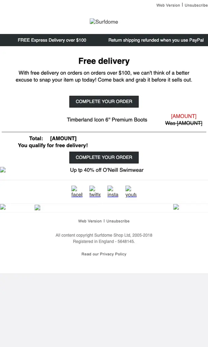 Surfdome abandoned cart email, full length