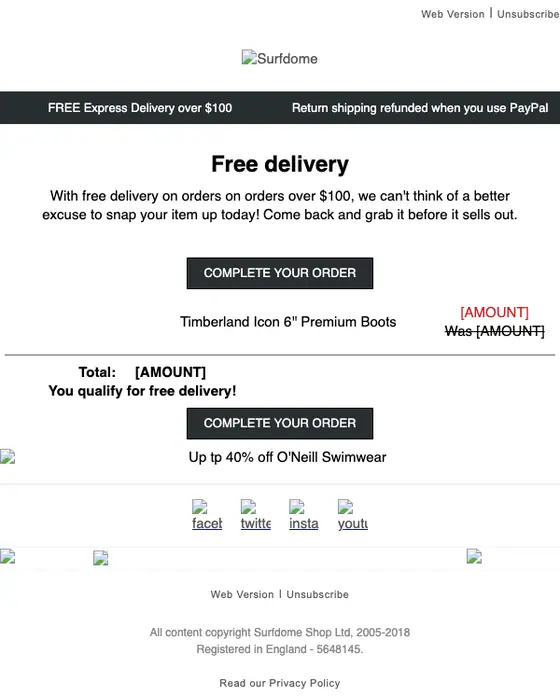 Surfdome abandoned cart email