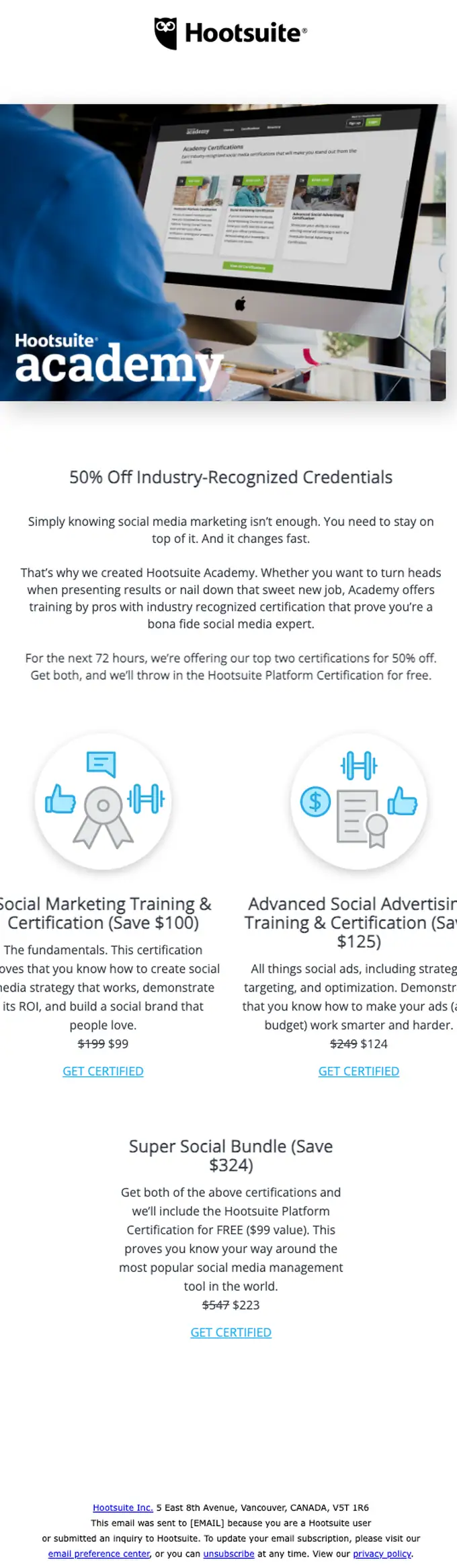 Hootsuite Academy discount offer email, full length