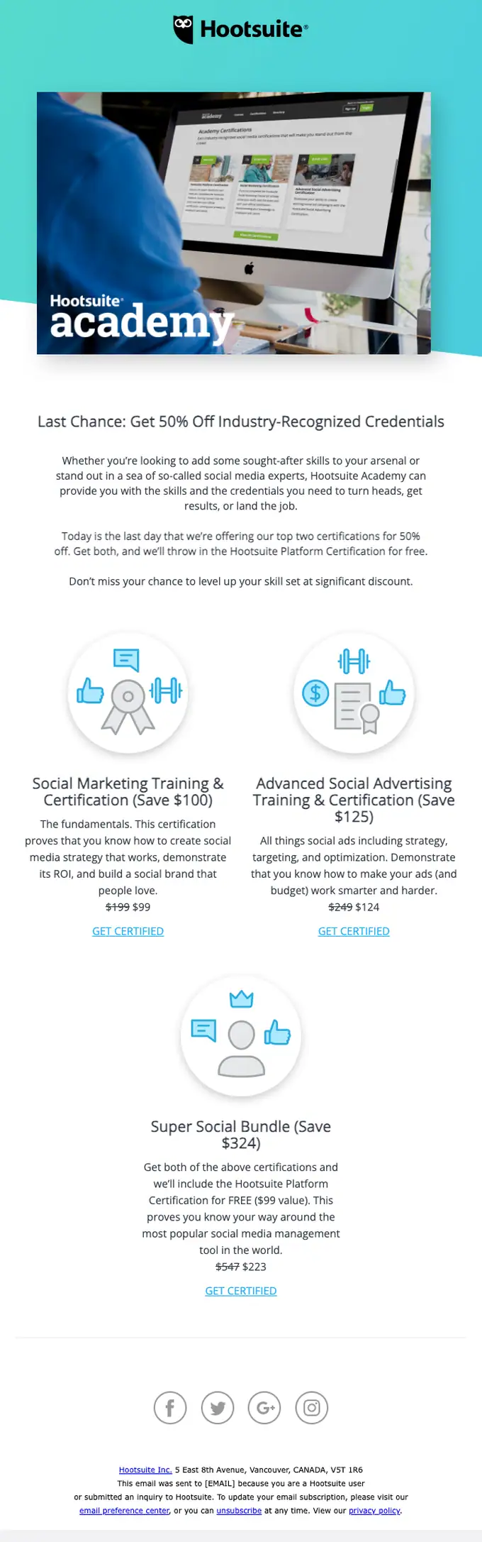 Hootsuite Academy discount offer email, full length