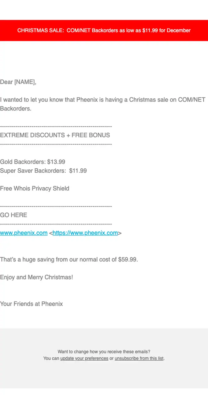 Pheenix sale email, full length