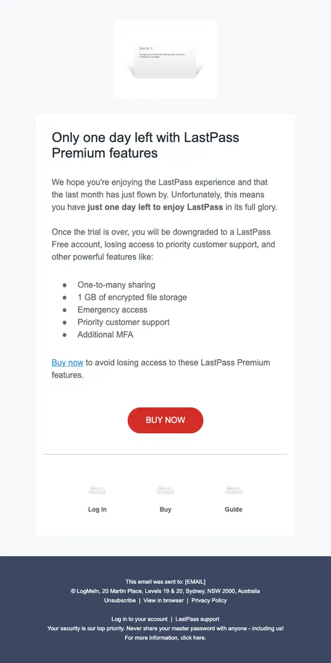 LastPass expiration notice email, full length