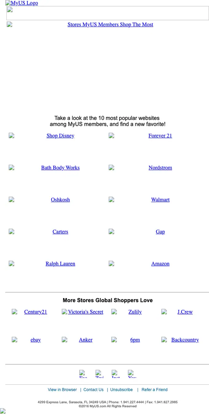 MyUS.com promotional email, full length