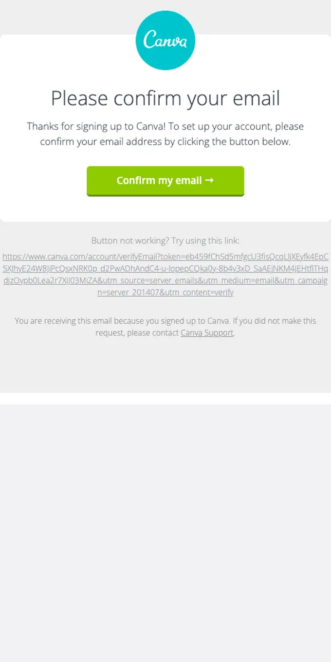 Canva email verification email, full length