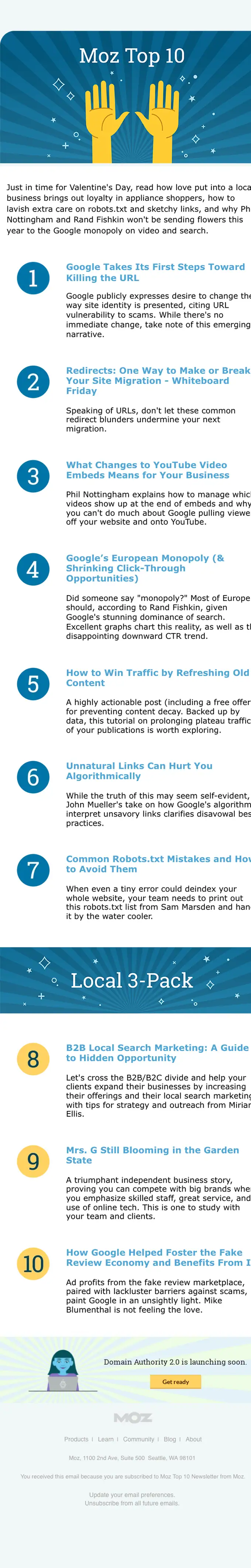 Moz Top 10 newsletter email, full length