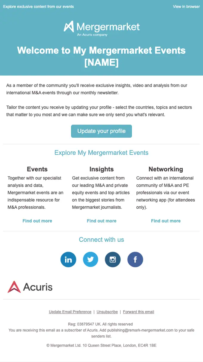 My Mergermarket Events welcome email, full length