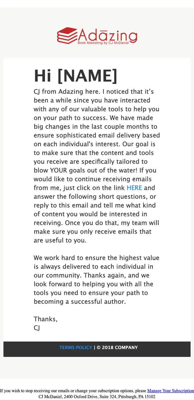 Adazing re engagement email, full length