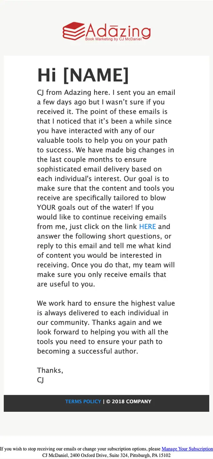 Adazing re engagement email, full length