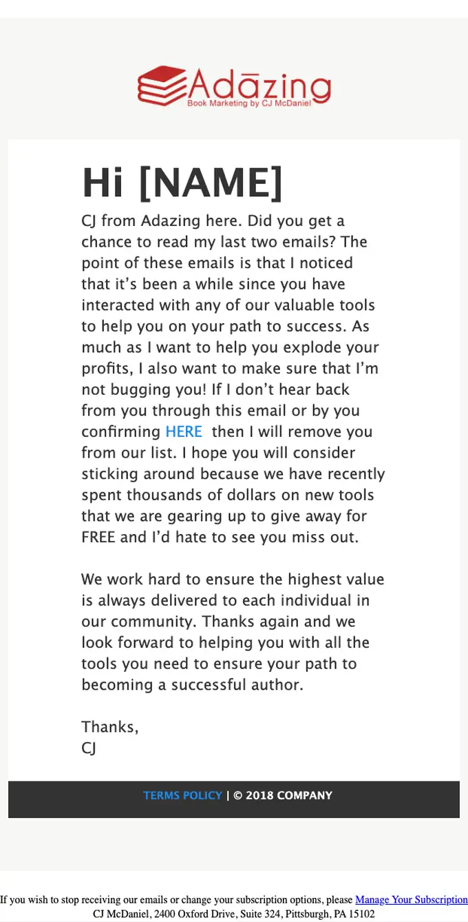 Adazing re engagement email, full length