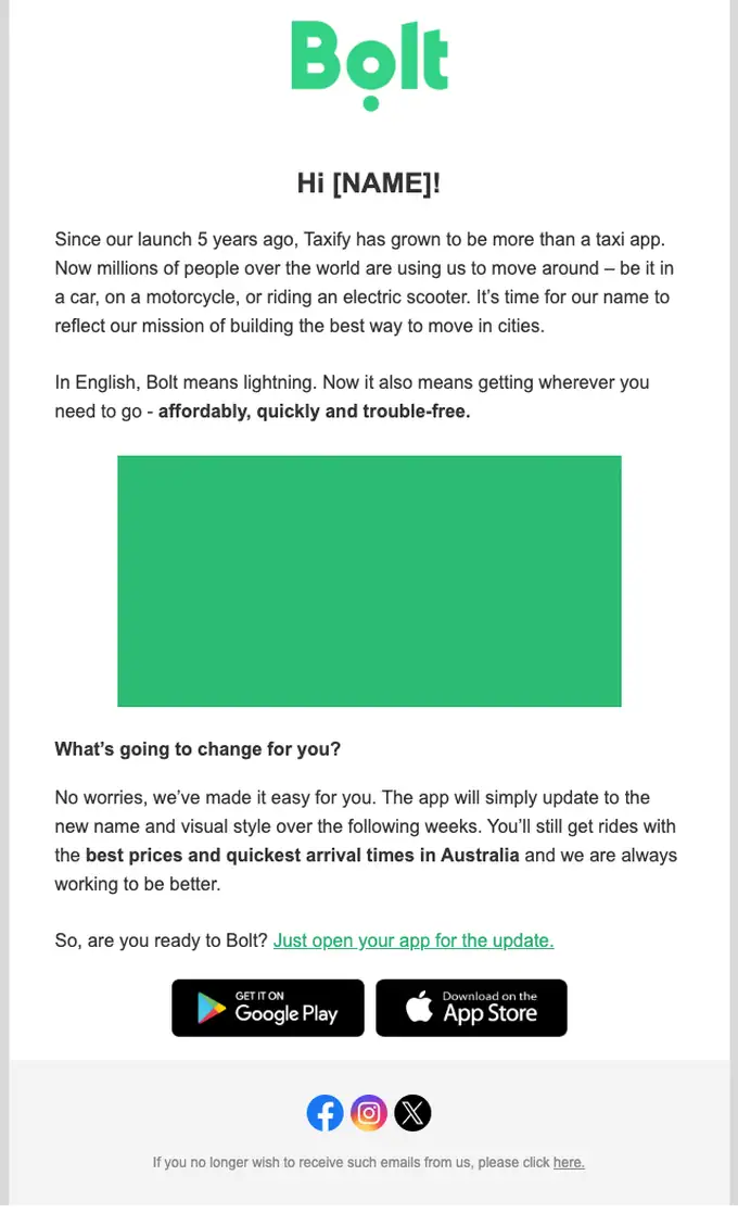 Bolt Australia account notice email, full length