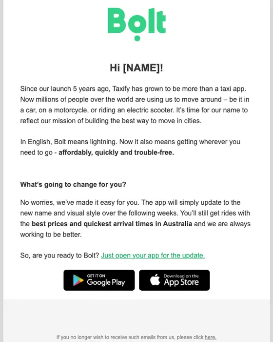 Bolt Australia account notice email