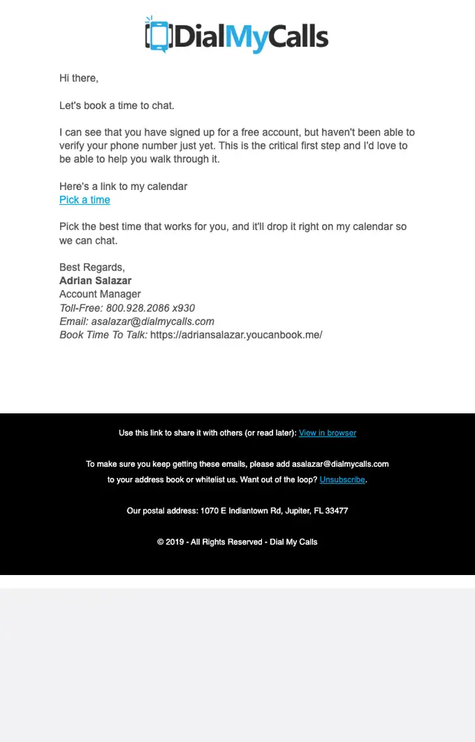 DialMyCalls onboarding email, full length