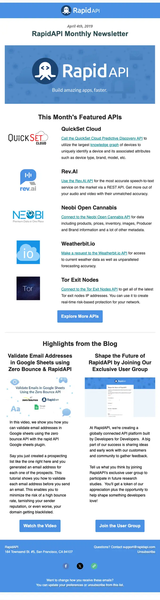 RapidAPI newsletter email, full length