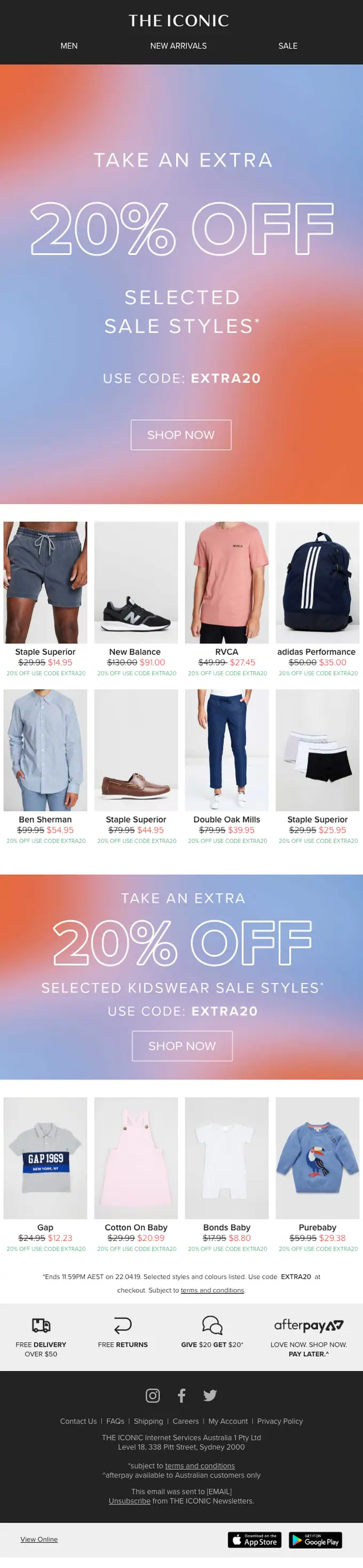 THE ICONIC discount offer email, full length