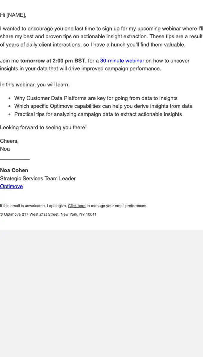 Optimove webinar email, full length