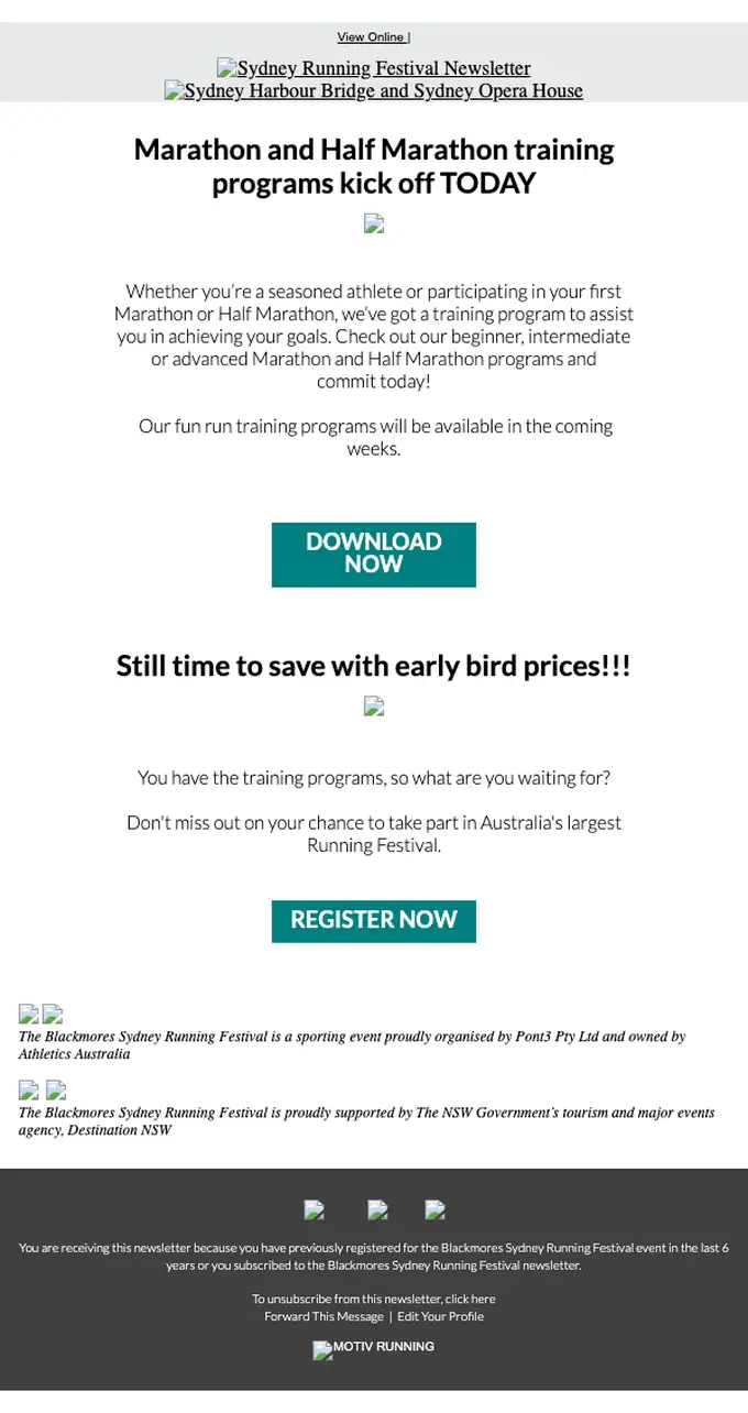 Blackmores Sydney Running Festival promotional email, full length