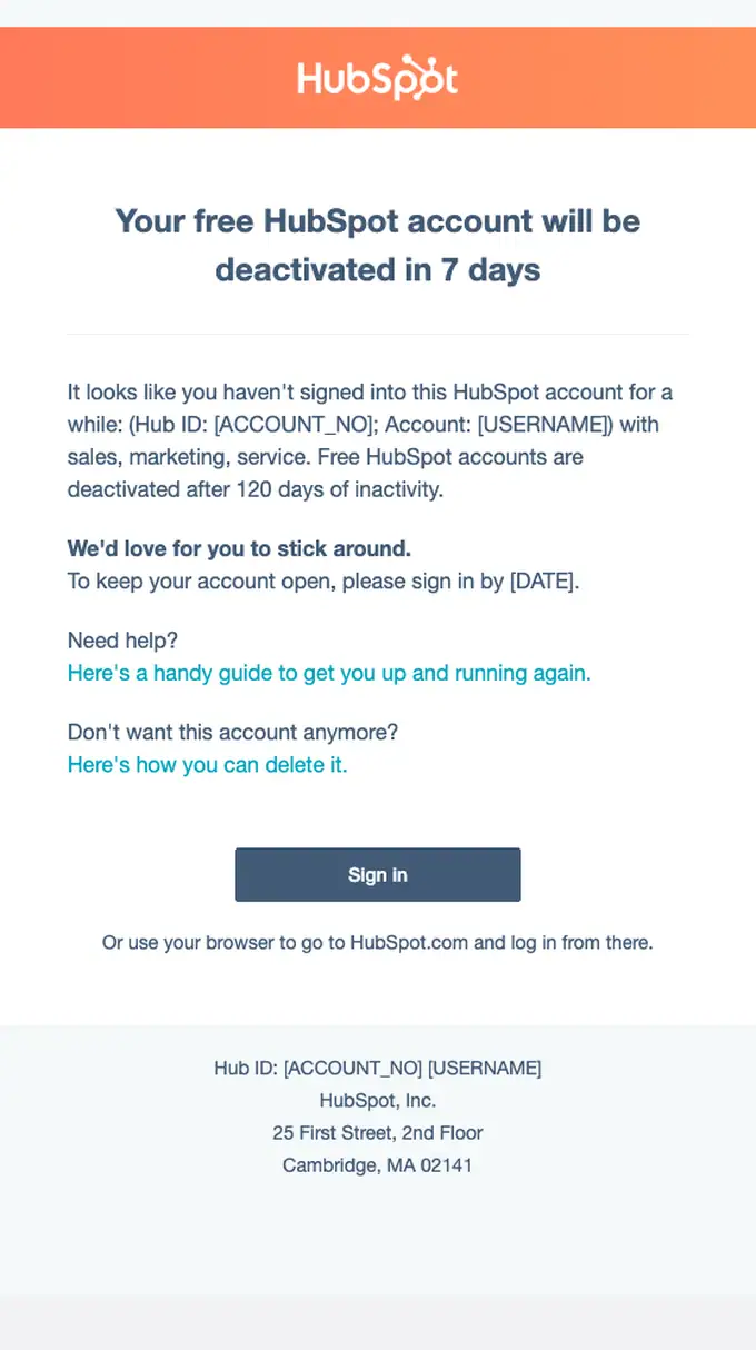 HubSpot expiration notice email, full length