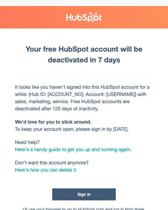 HubSpot expiration notice email