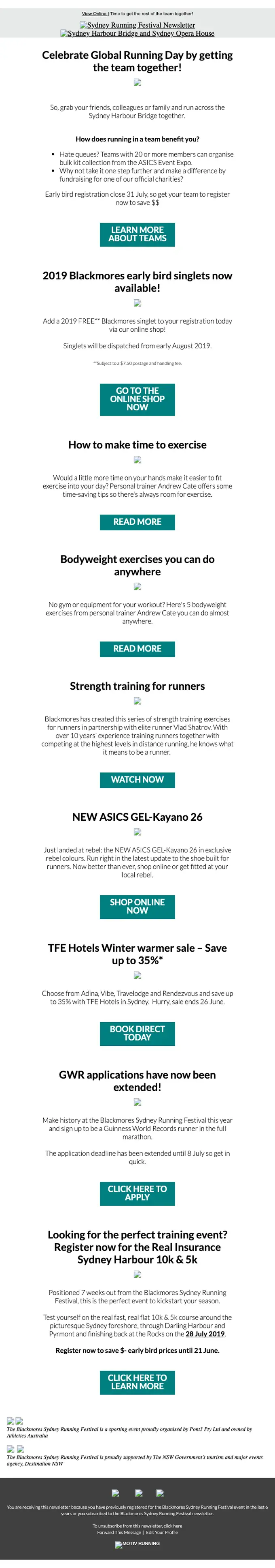 Blackmores Sydney Running Festival promotional email, full length