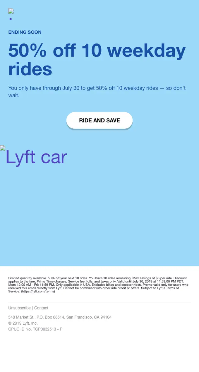 Lyft discount offer email, full length