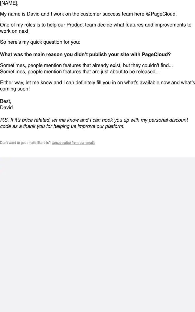 PageCloud re engagement email, full length