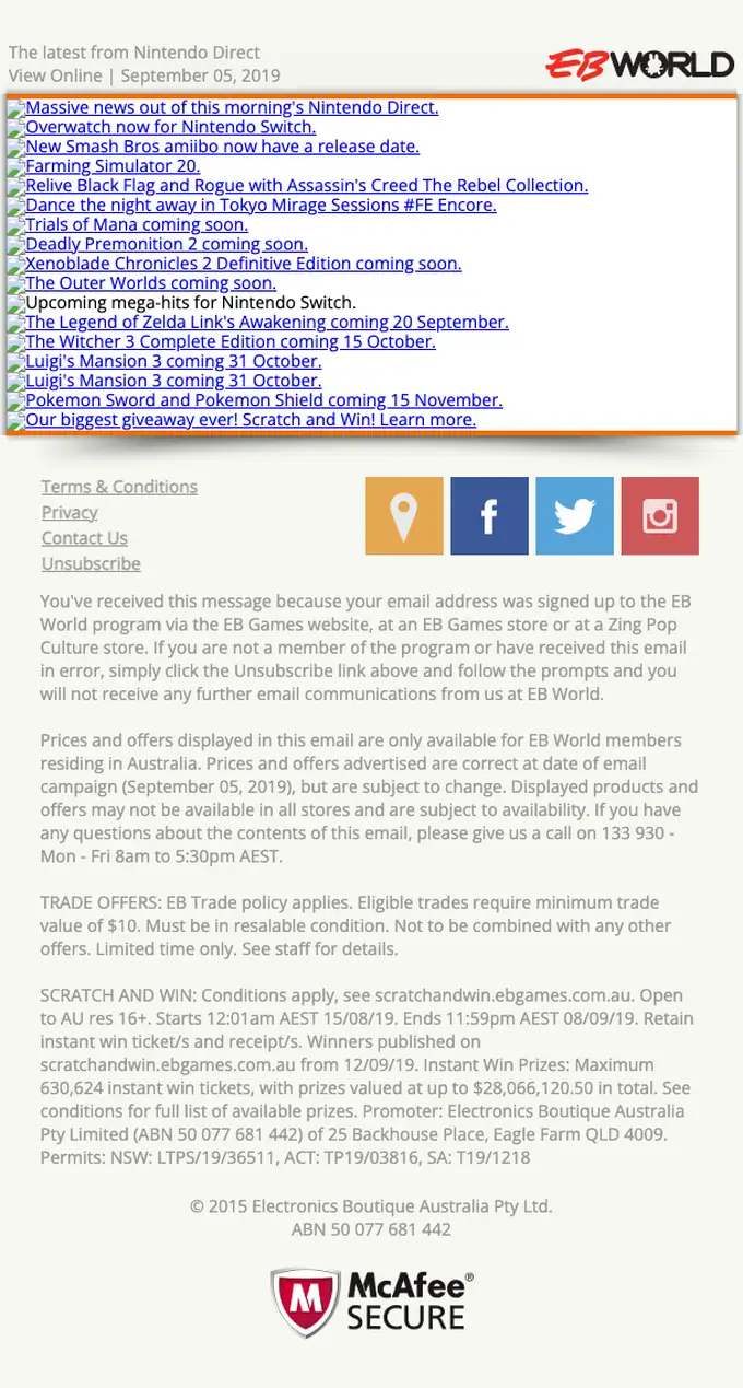 EB World newsletter email, full length