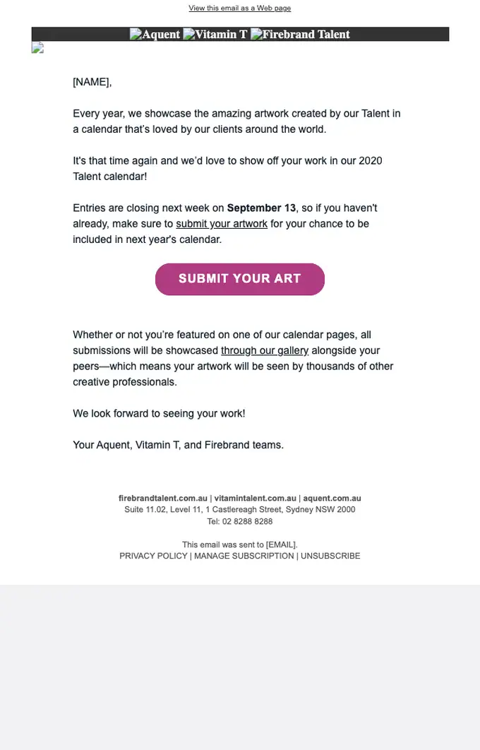 Aquent event invite email, full length