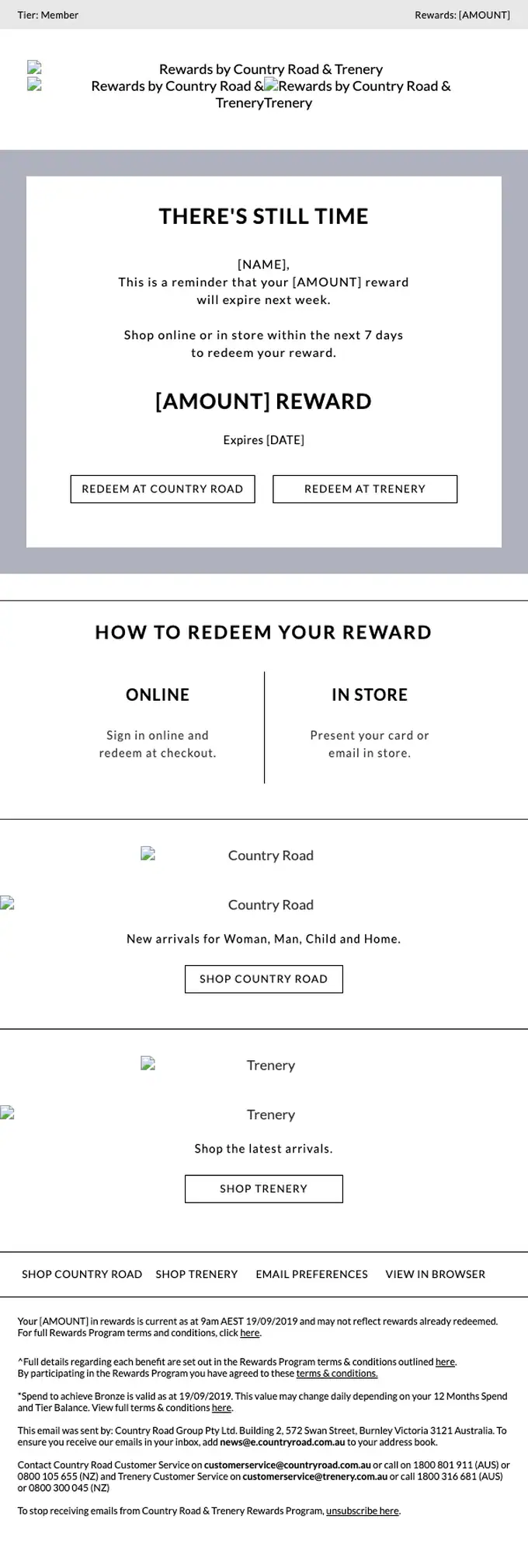 Country Road & Trenery expiration notice email, full length