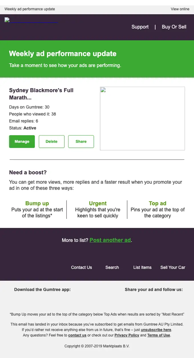 Gumtree Australia account notice email, full length