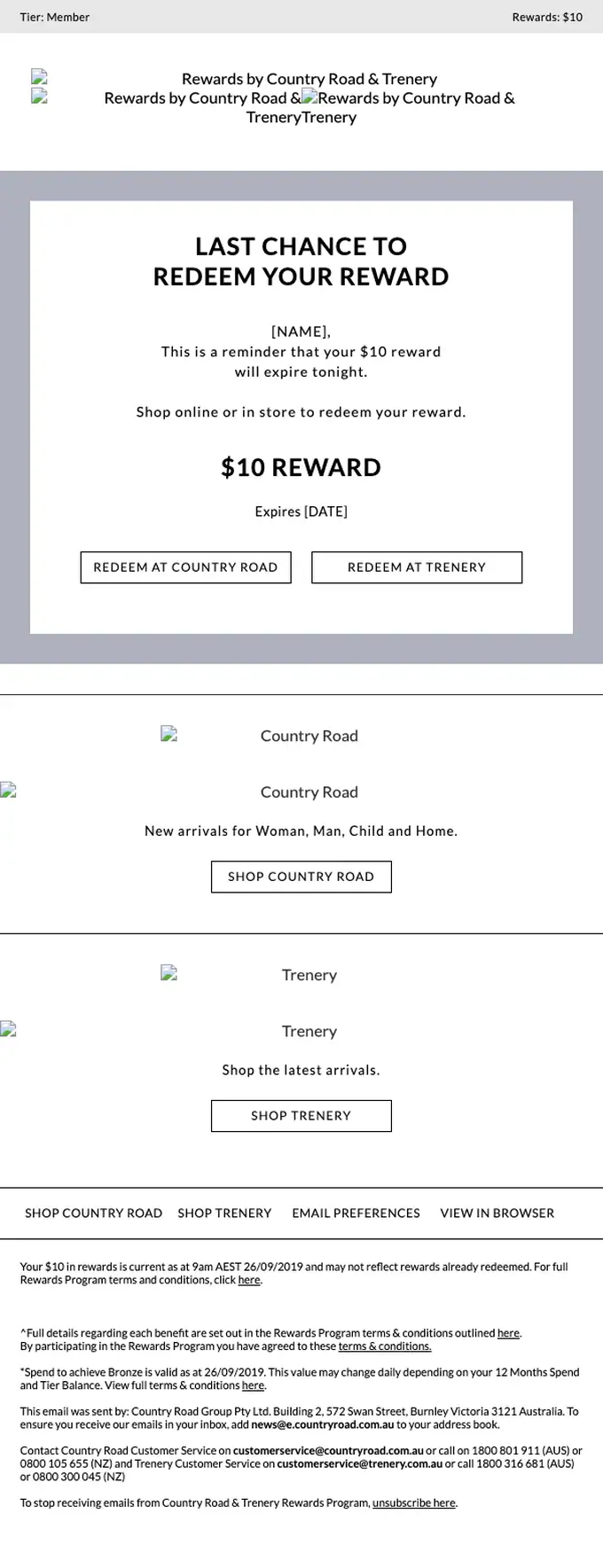Country Road & Trenery expiration notice email, full length