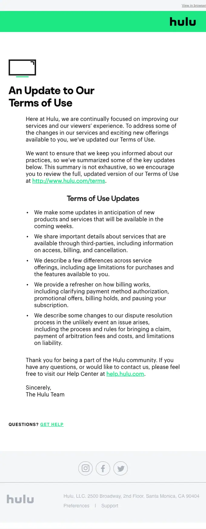 Hulu account notice email, full length
