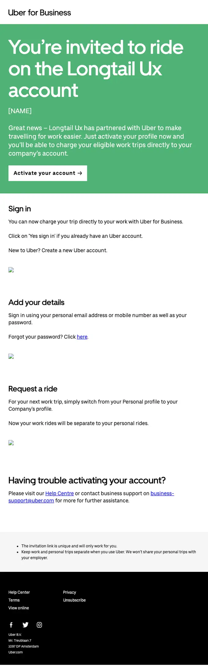 Uber for Business account notice email, full length