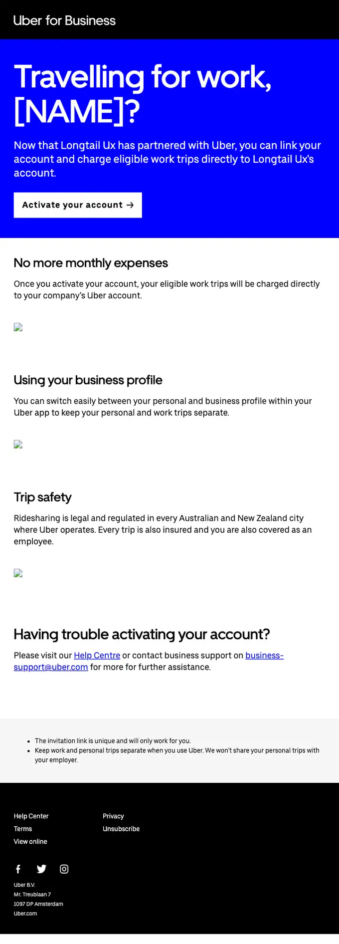 Uber for Business account notice email, full length