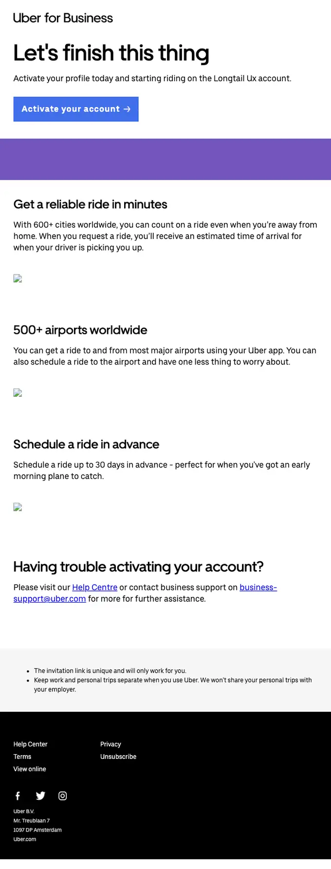 Uber for Business account notice email, full length
