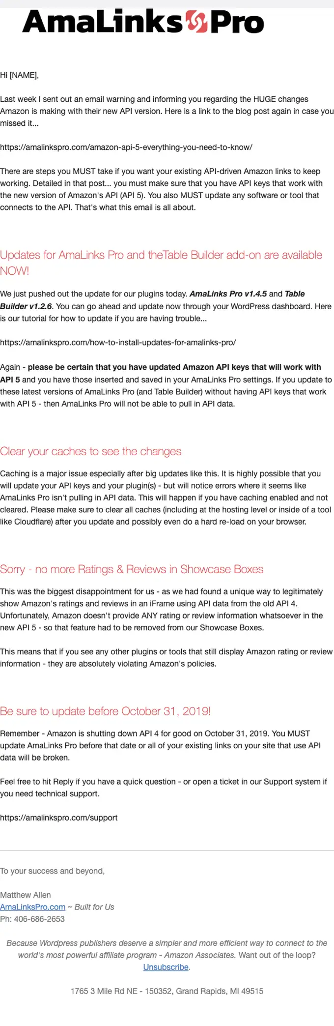 AmaLinks Pro account notice email, full length
