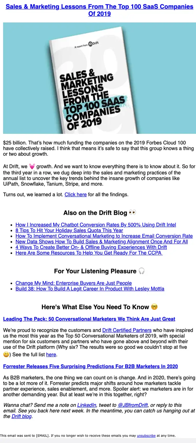 Drift newsletter email, full length