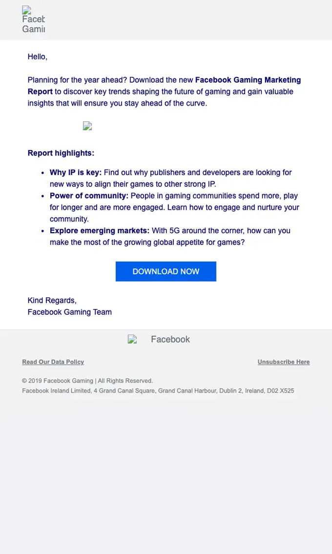 Facebook Gaming promotional email, full length