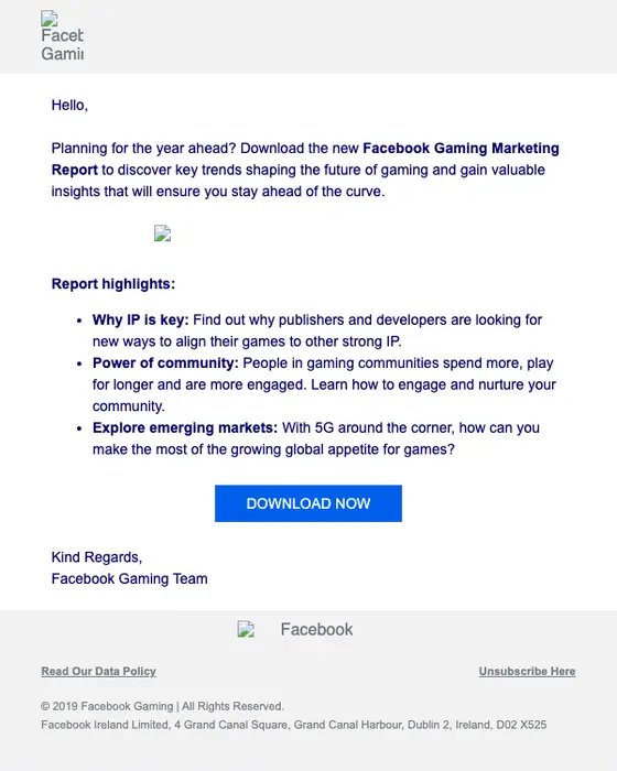 Facebook Gaming promotional email