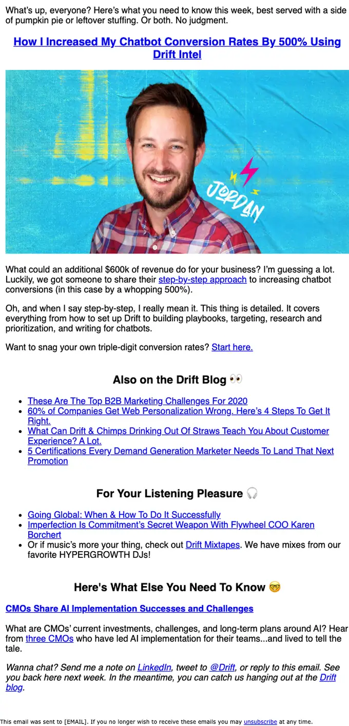 Drift newsletter email, full length
