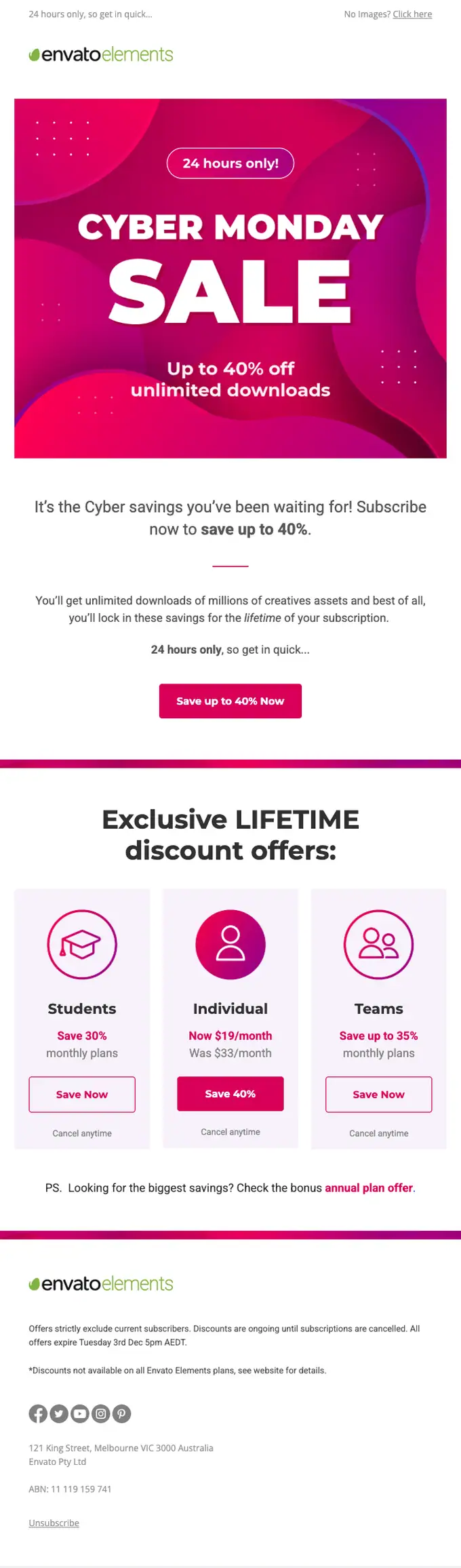 Envato Elements discount offer email, full length