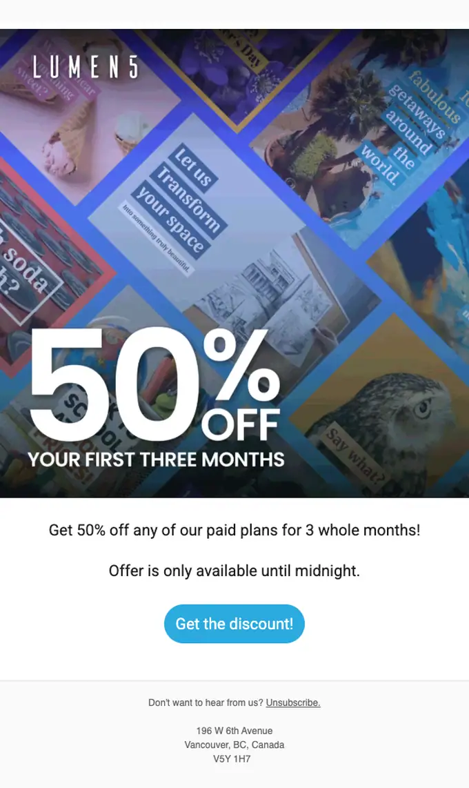 Lumen5 discount offer email, full length