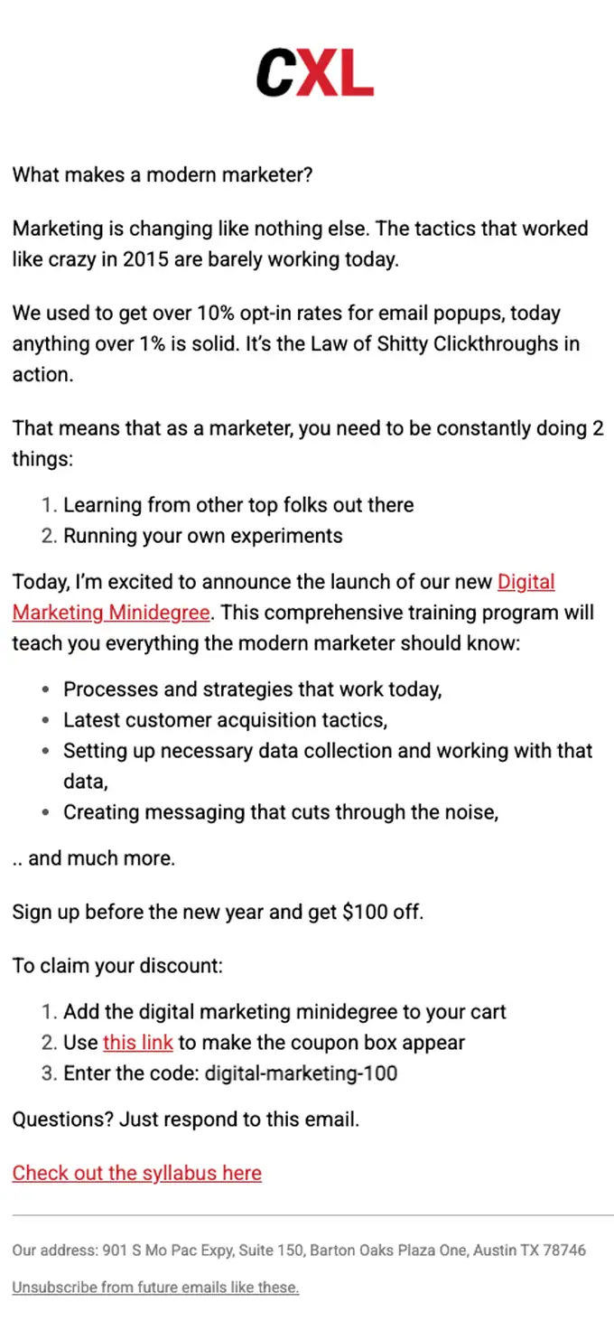 CXL product launch email, full length
