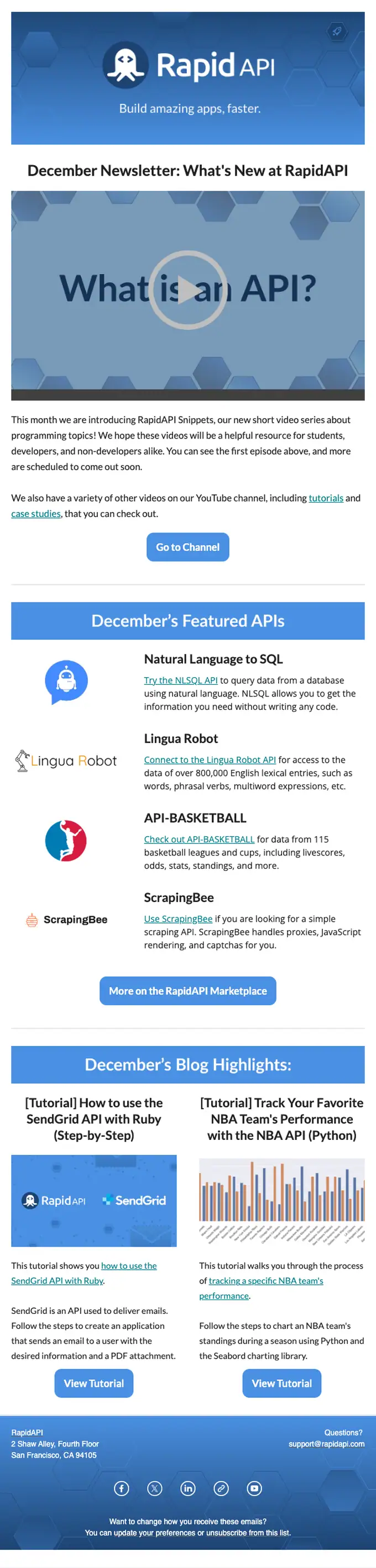 RapidAPI newsletter email, full length