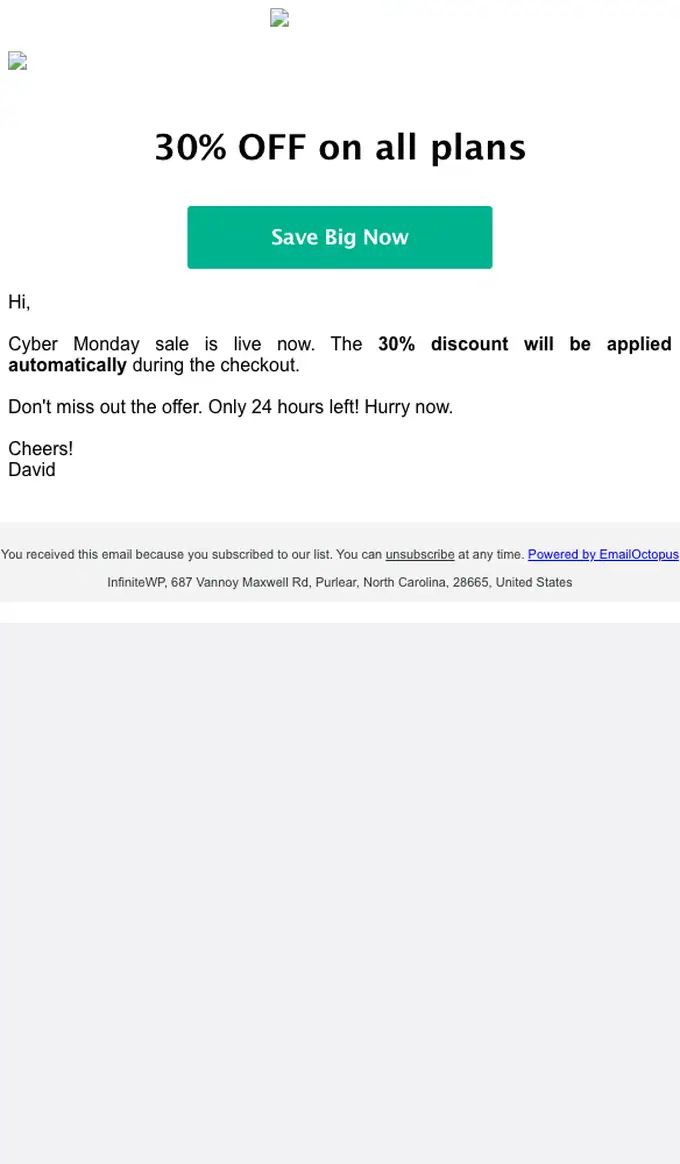 InfiniteWP sale email, full length