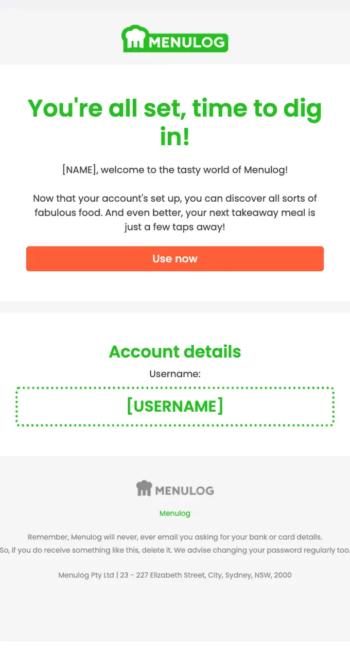 Menulog welcome email, full length