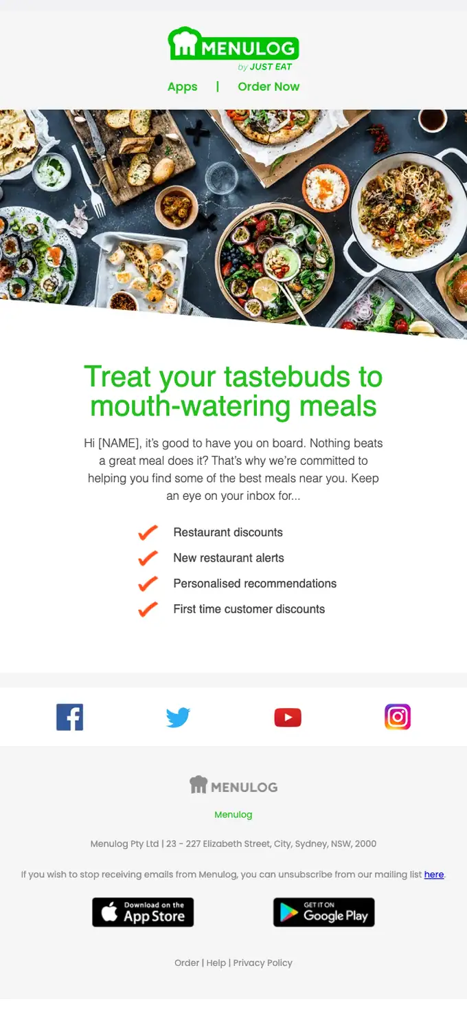 Menulog welcome email, full length