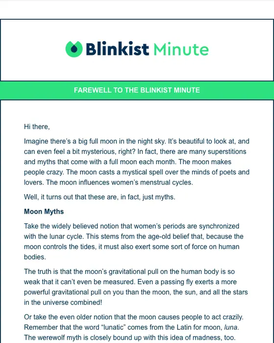Blinkist newsletter email: Goodbye Minute: Does a full moon really make you crazy?