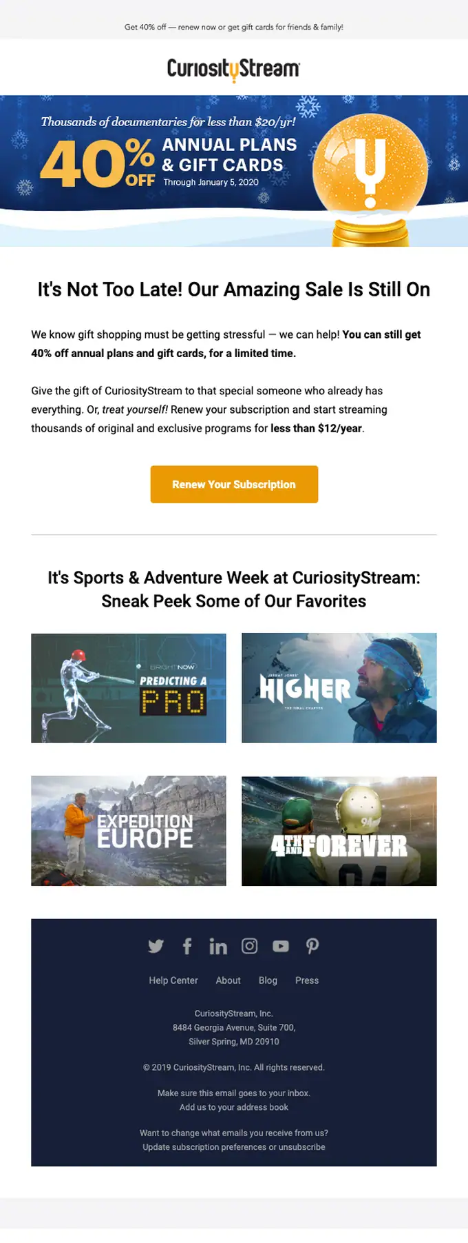 CuriosityStream seasonal email, full length